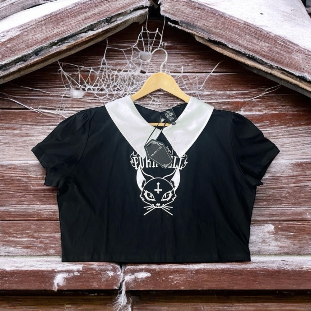 DOLLS KILL GRAVE GIRLS PLUS SIZECAT PRINT CROP TOP 3X
